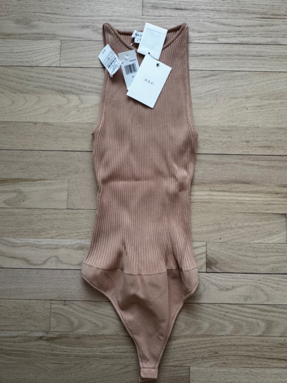 A.L.C. Ashley Rib Knit Bodysuit Size S in Nude Biscotti Retails $295